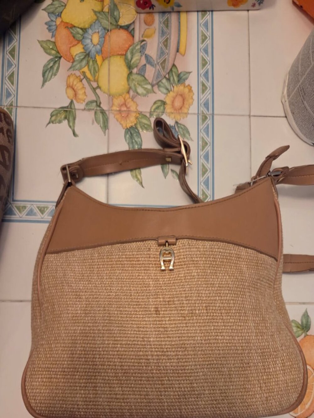 Vintage Etienne Aigner woven star and brown leather shoulder bag with gold tones